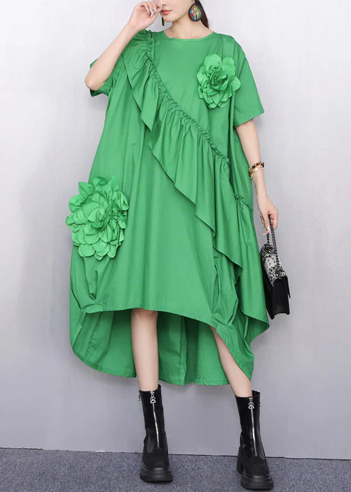 Summer White Asymmetrical Ruffle Dress 3D Floral Accents - Image 4