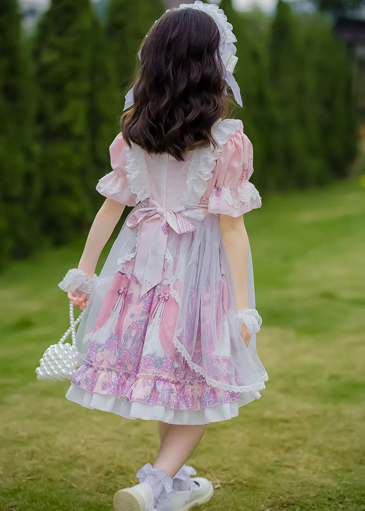 Sweet Pink Ruffled Bow Character Patchwork Tulle Kids Girls Princess Dress Summer - Image 4