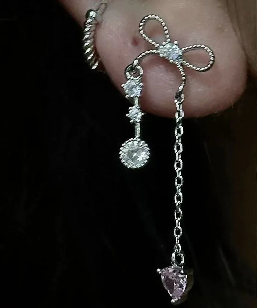Sweet Tassel Bow Zircon Titanium Steel Stud Earrings - Image 2
