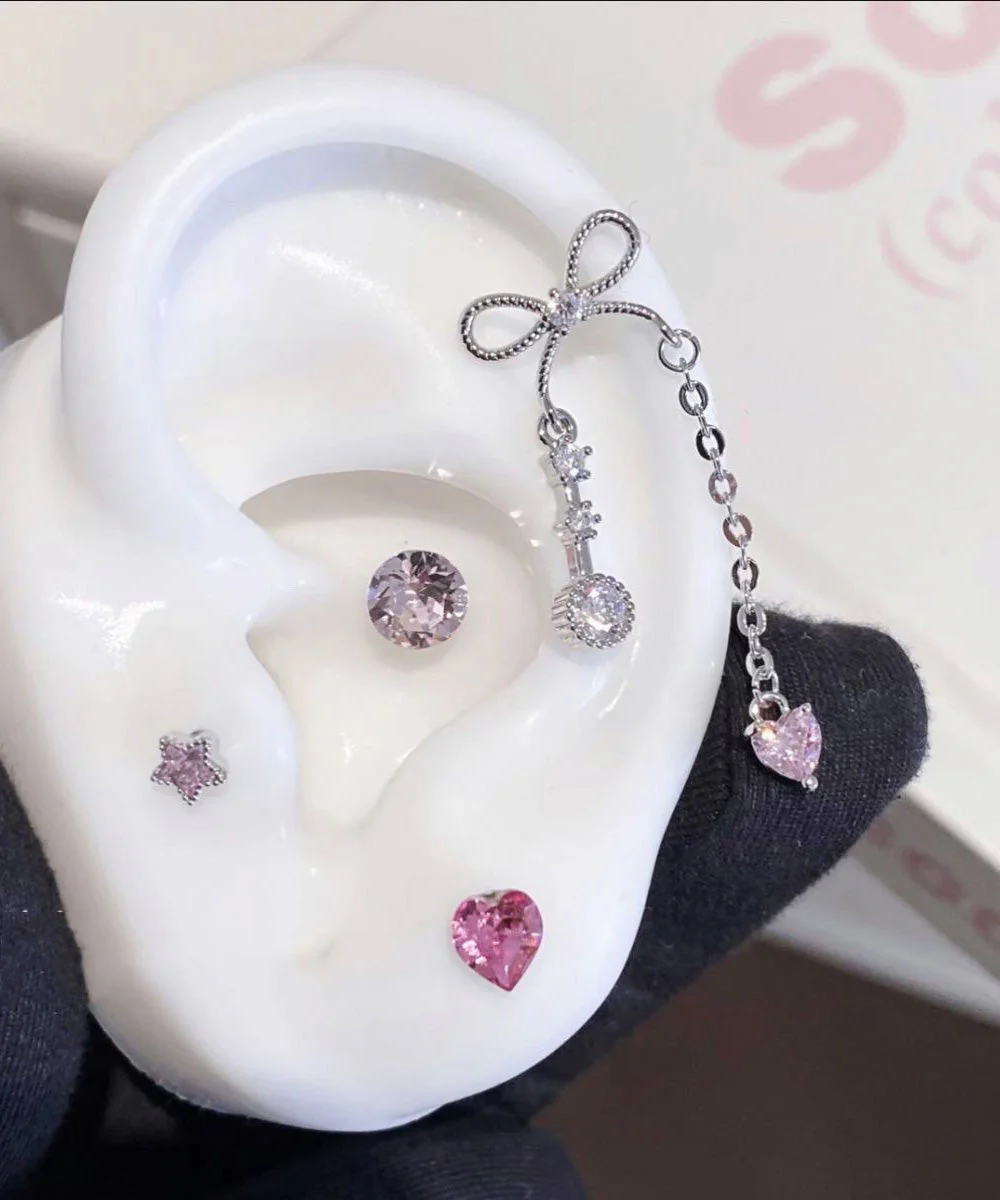 Sweet Tassel Bow Zircon Titanium Steel Stud Earrings - Image 5