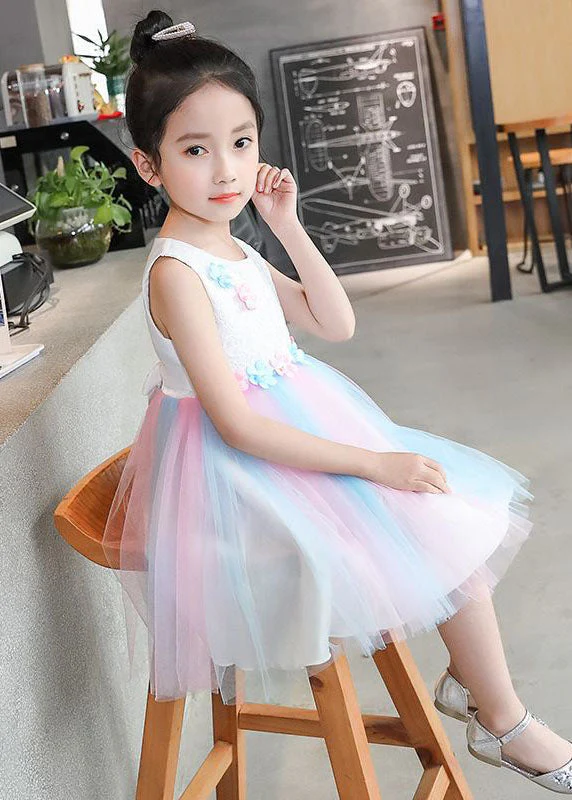 Sweet White Floral Wrinkled Patchwork Tulle Baby Girls Princess Dress Sleeveless - Image 2