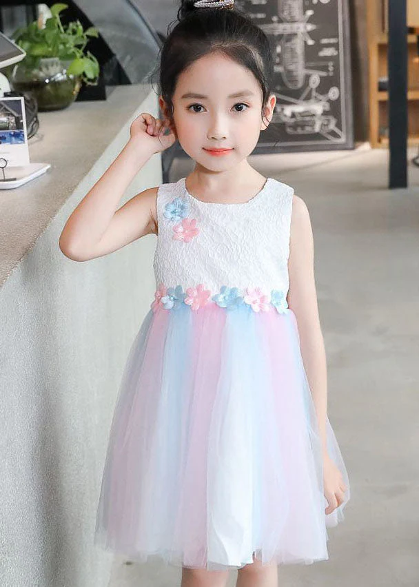 Sweet White Floral Wrinkled Patchwork Tulle Baby Girls Princess Dress Sleeveless - Image 3