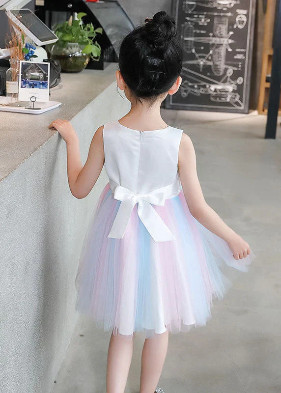 Sweet White Floral Wrinkled Patchwork Tulle Baby Girls Princess Dress Sleeveless - Image 4