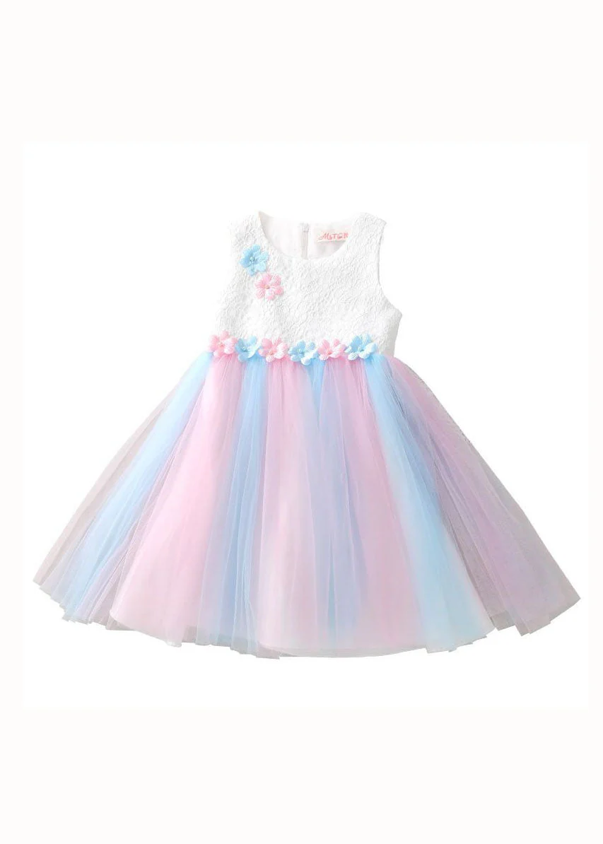 Sweet White Floral Wrinkled Patchwork Tulle Baby Girls Princess Dress Sleeveless - Image 5