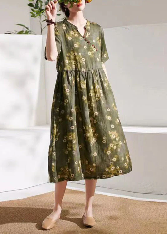 talian Green Print Wrinkled Patchwork Linen Dress Summer - Image 2