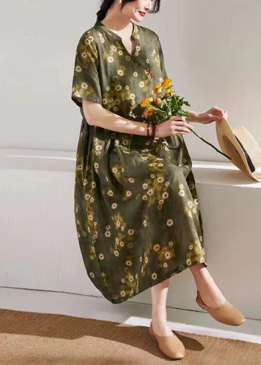 talian Green Print Wrinkled Patchwork Linen Dress Summer - Image 3