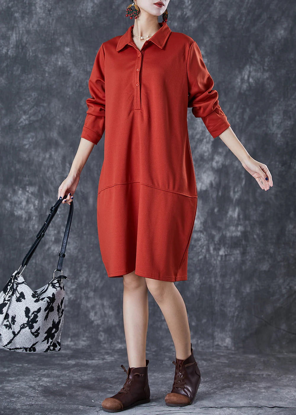 Tangerine Patchwork Spandex Long Dress Peter Pan Collar Fall - Image 3