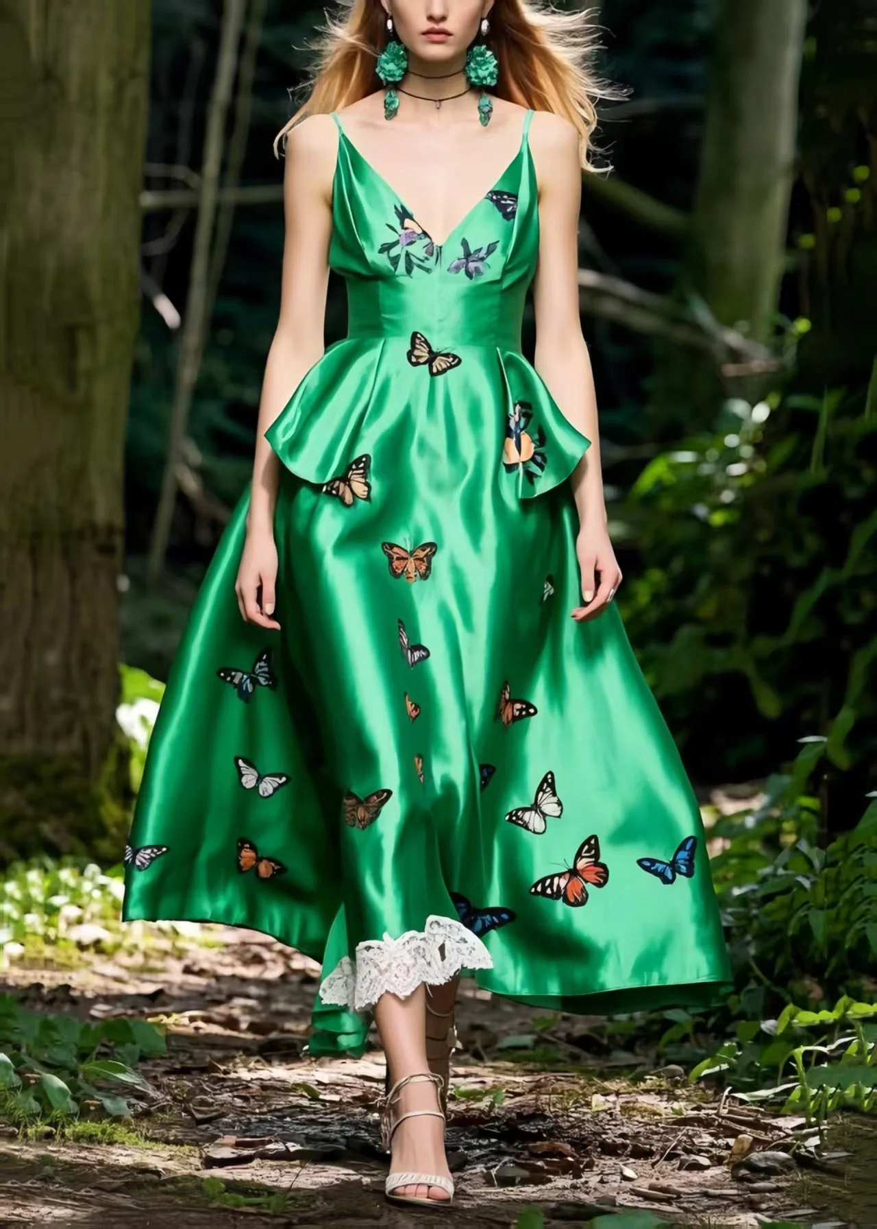 Tea Green Butterfly Silk Cami Dress Exra Large Hem Summer - Image 3