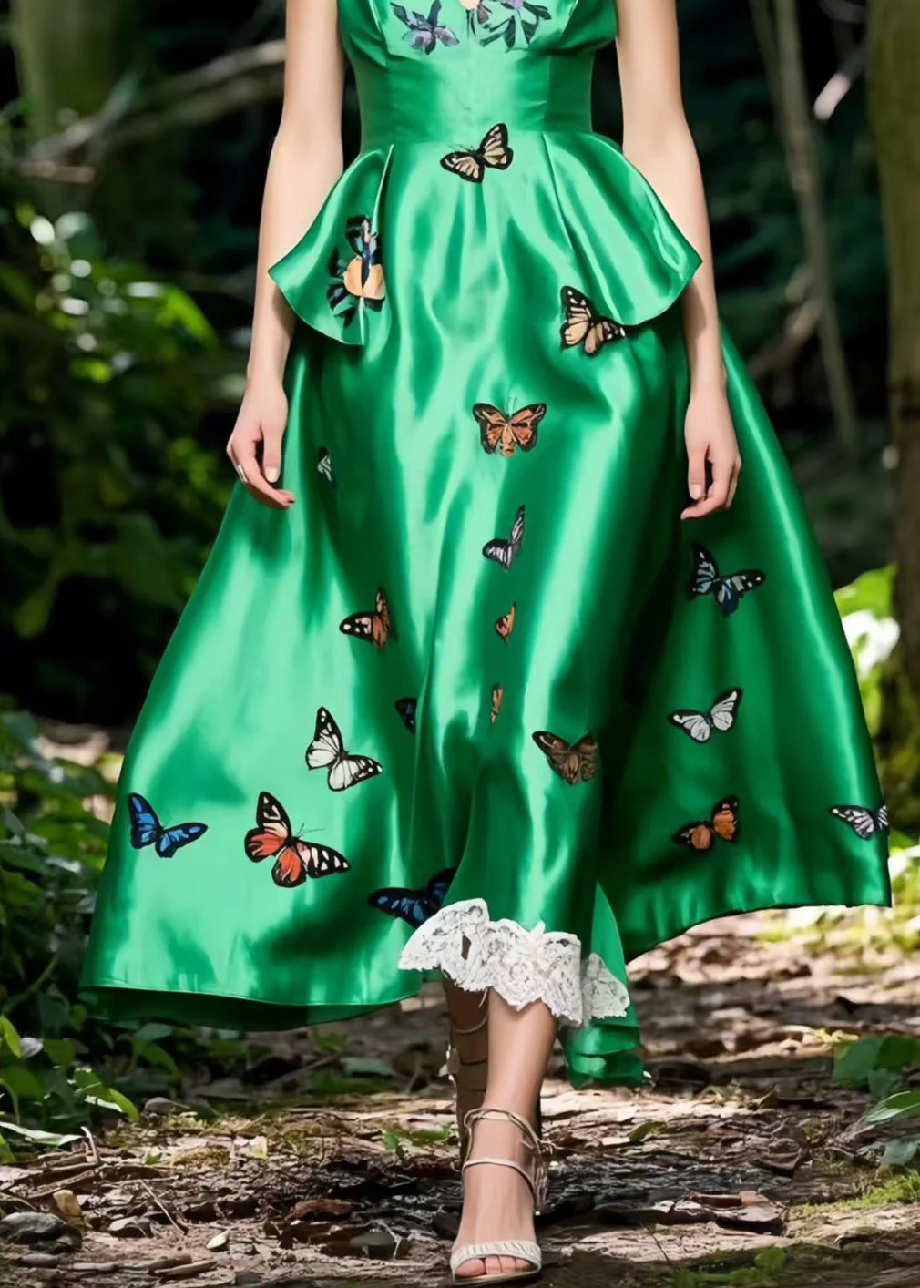 Tea Green Butterfly Silk Cami Dress Exra Large Hem Summer - Image 4