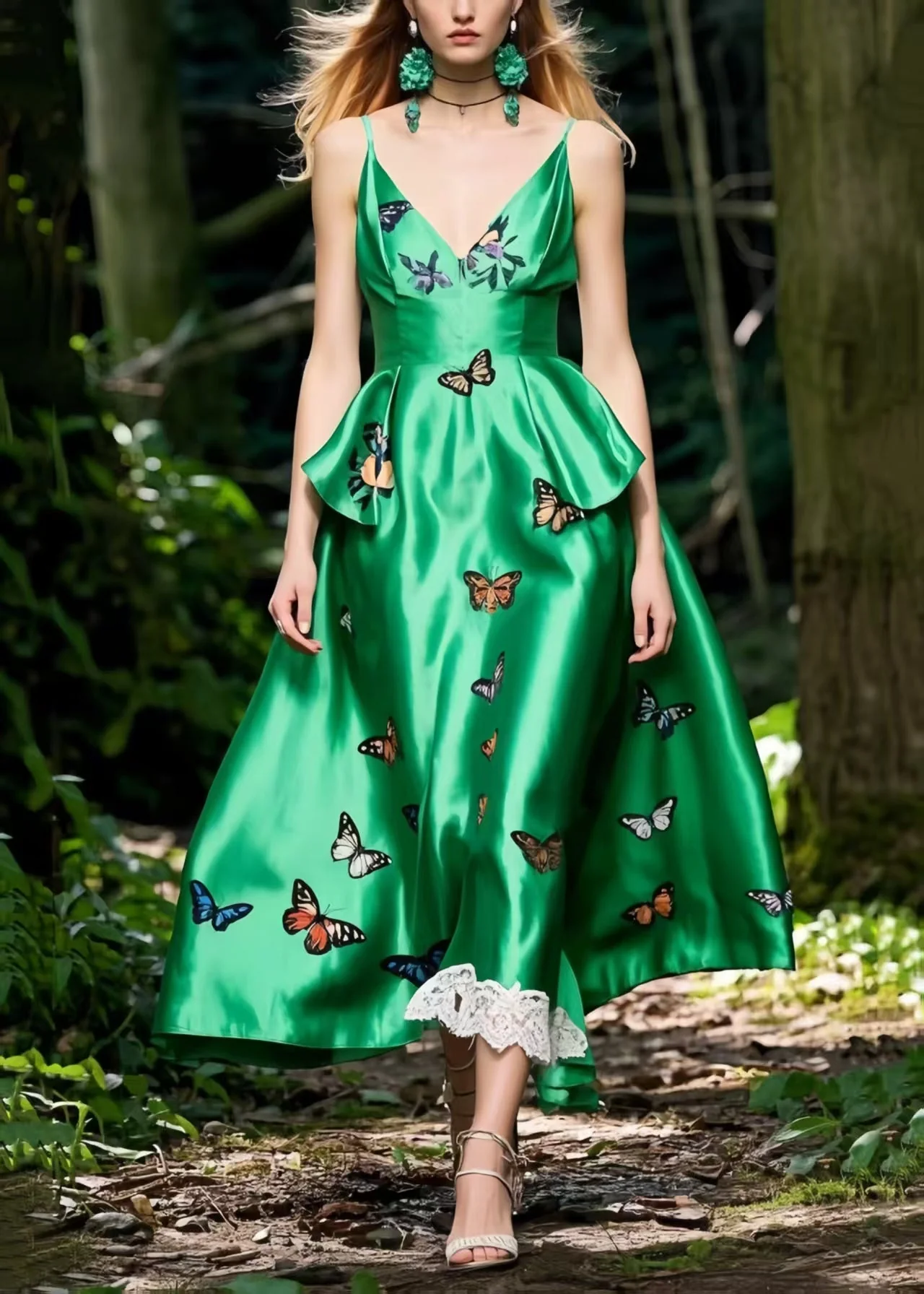 Tea Green Butterfly Silk Cami Dress Exra Large Hem Summer - Image 5