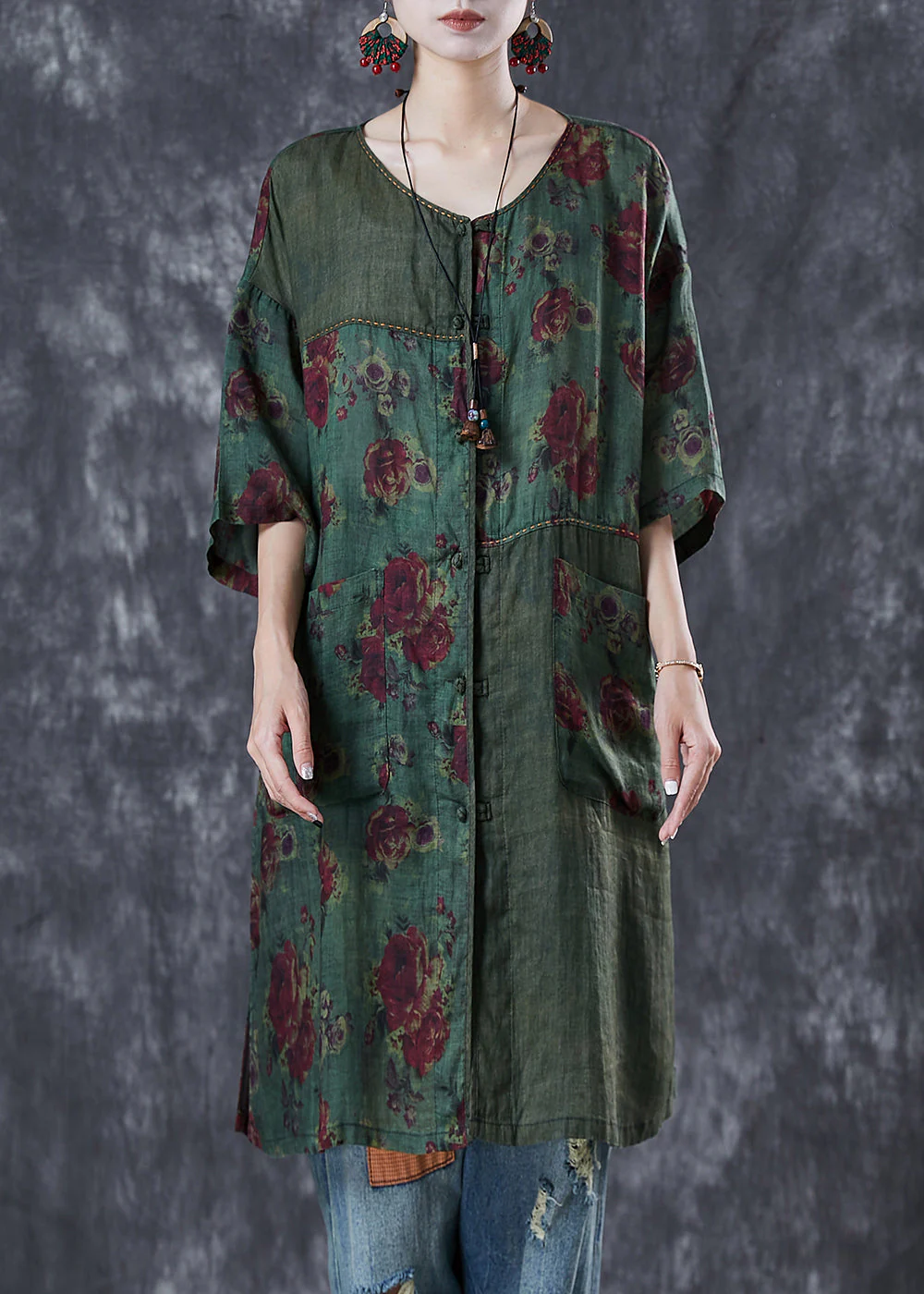 Tea Green Patchwork Linen Dress Print Pockets Summer - Image 2