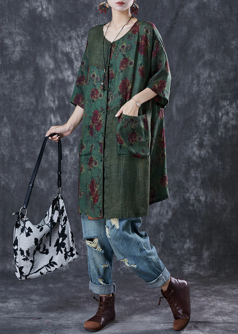 Tea Green Patchwork Linen Dress Print Pockets Summer - Image 3