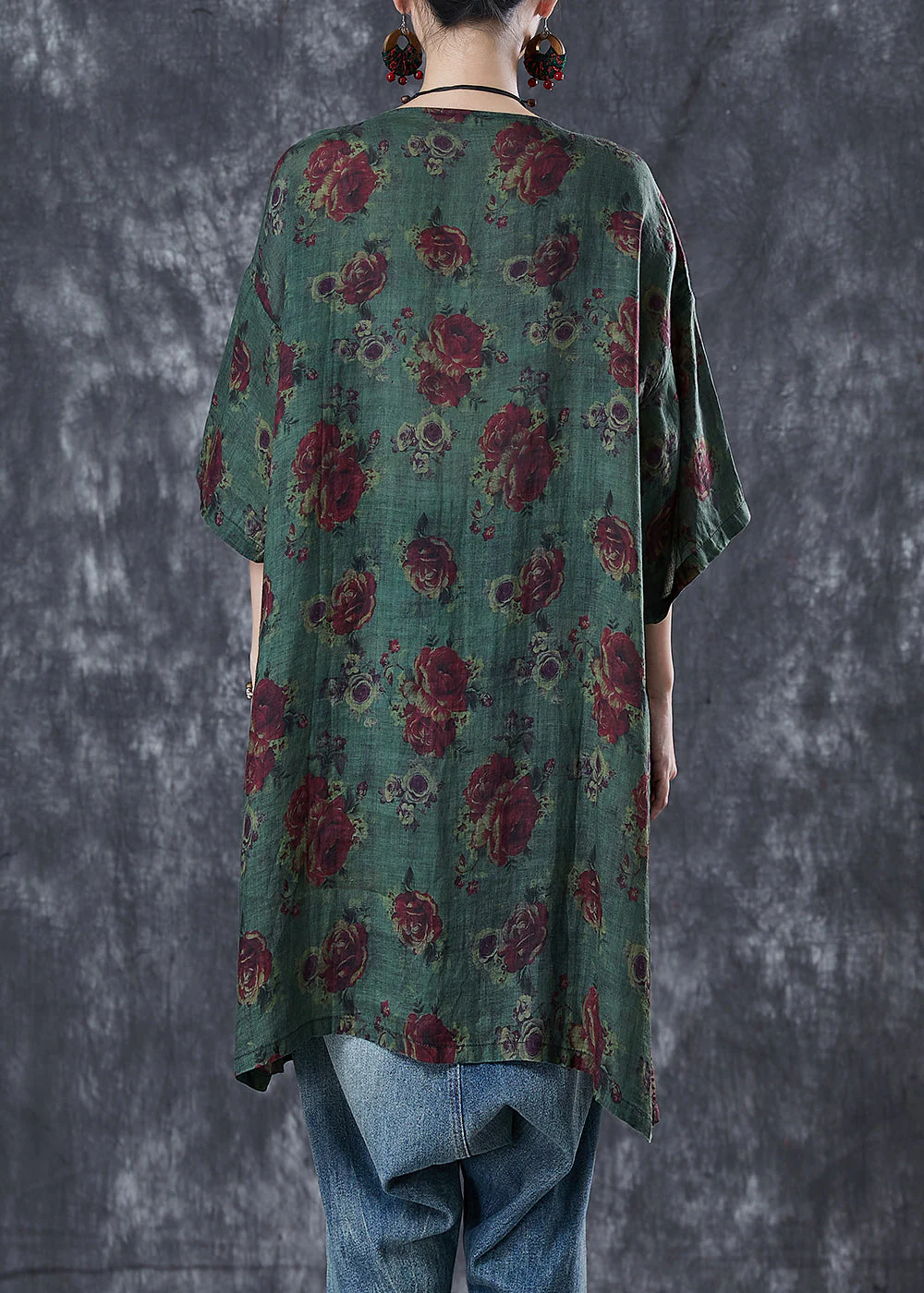 Tea Green Patchwork Linen Dress Print Pockets Summer - Image 4
