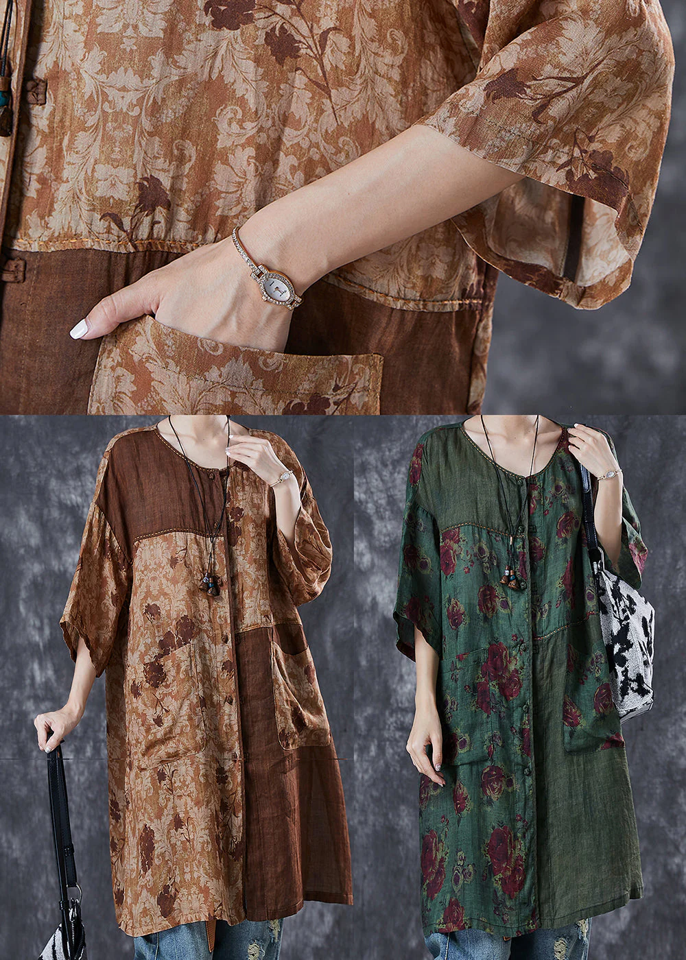 Tea Green Patchwork Linen Dress Print Pockets Summer - Image 5