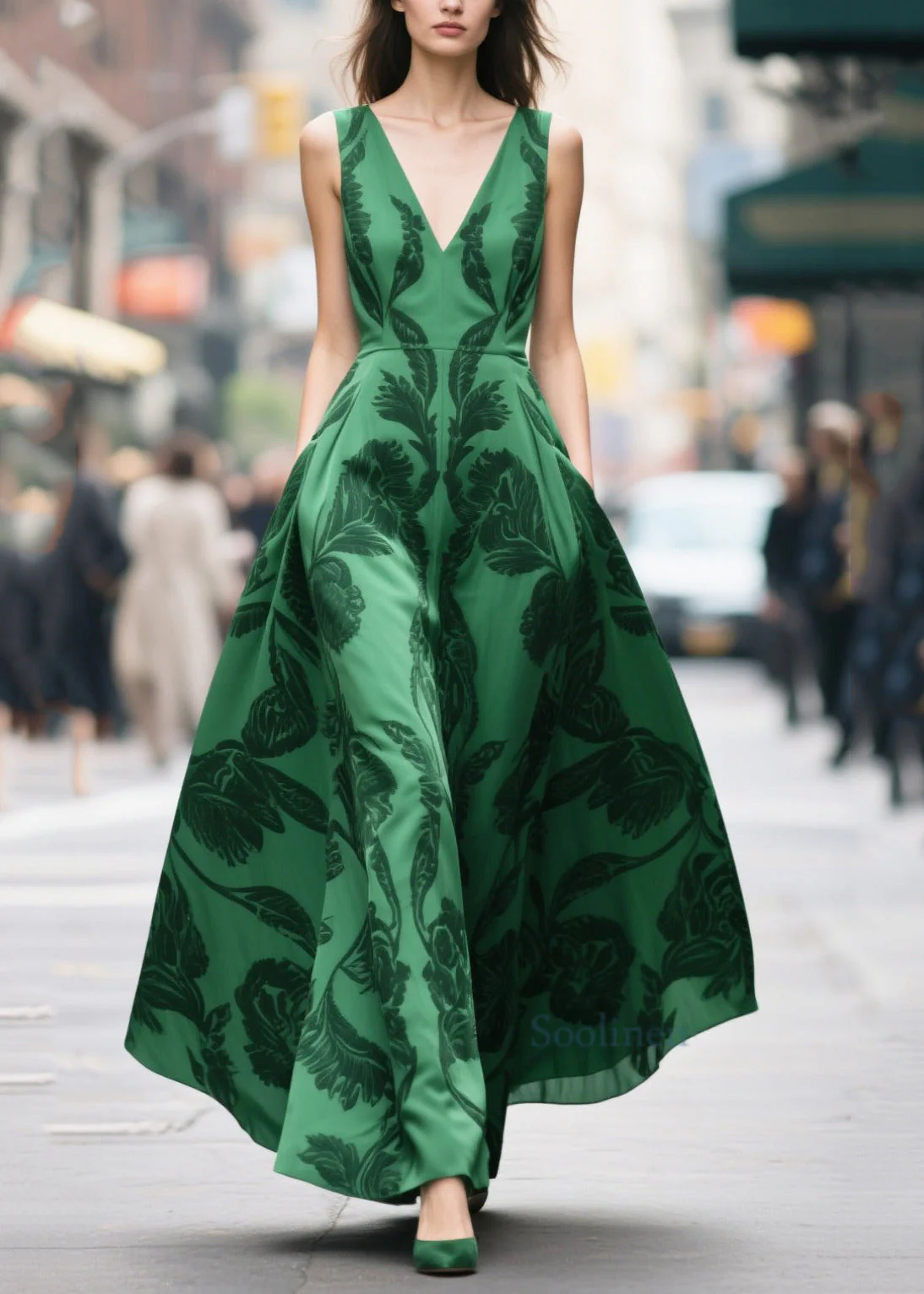 Tea Green Print Chiffon Vestidos Dresses Exra Large Hem Summer - Image 3