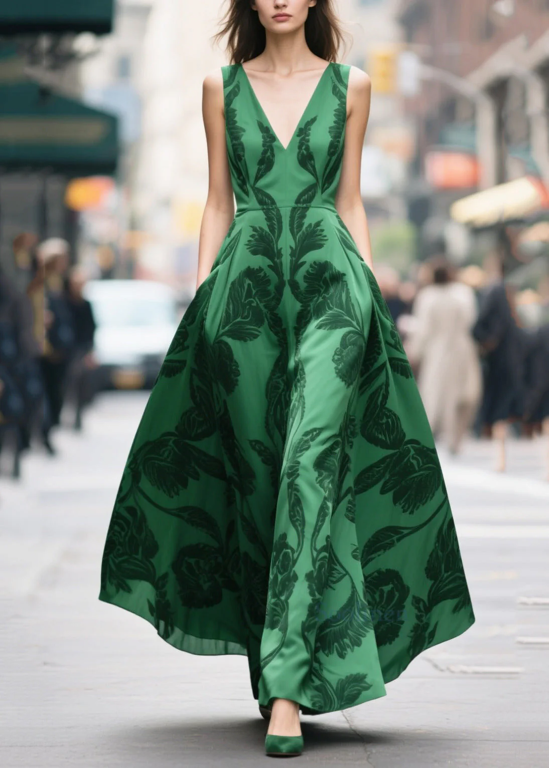 Tea Green Print Chiffon Vestidos Dresses Exra Large Hem Summer - Image 5