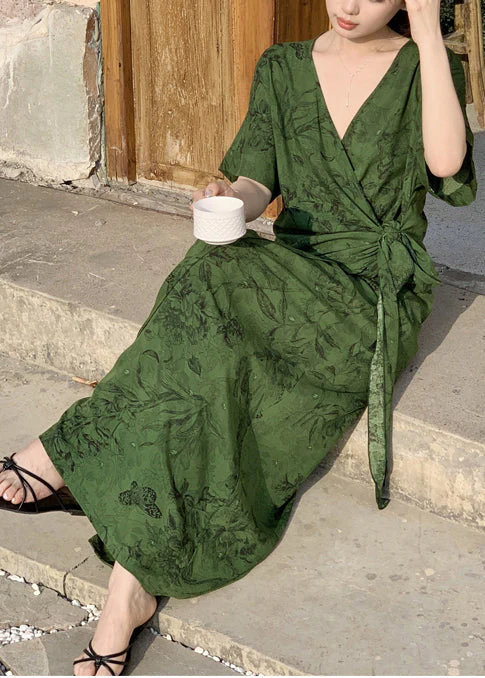 Tea Green Print Cotton Holiday Dress Tie Waist Summer - Image 3