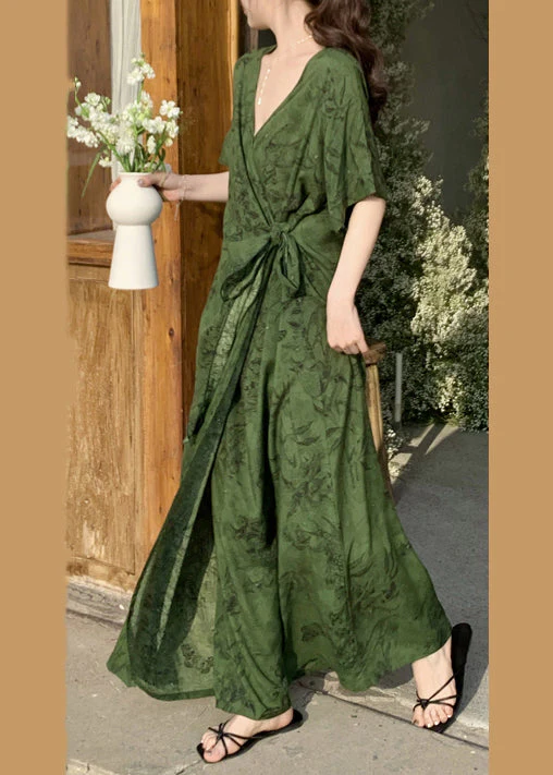 Tea Green Print Cotton Holiday Dress Tie Waist Summer - Image 4