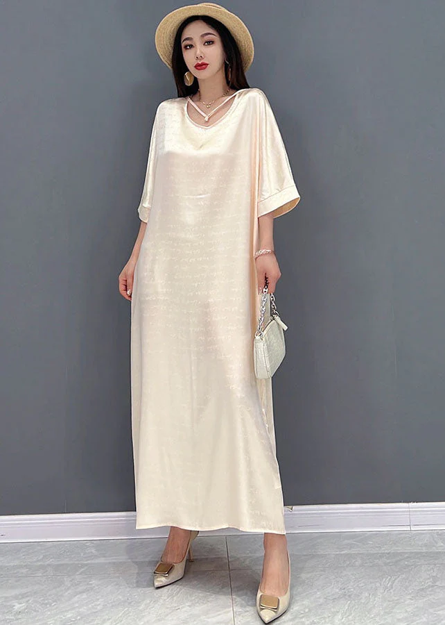 2025 Beige O-Neck Oversized Tie Waist Silk Long Dress Half Sleeve - Image 3