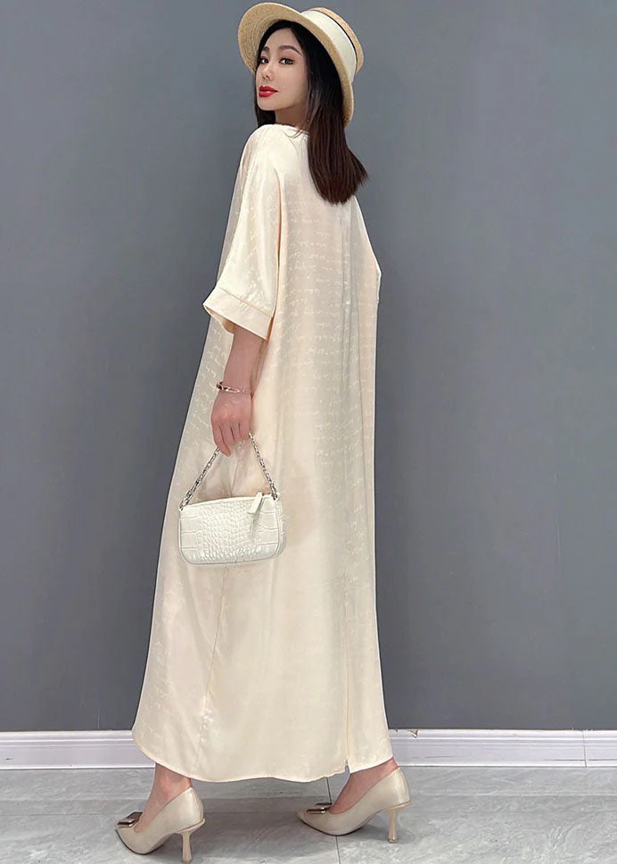 2025 Beige O-Neck Oversized Tie Waist Silk Long Dress Half Sleeve - Image 4
