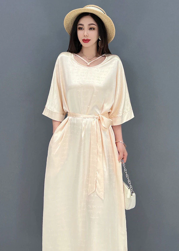 2025 Beige O-Neck Oversized Tie Waist Silk Long Dress Half Sleeve - Image 5