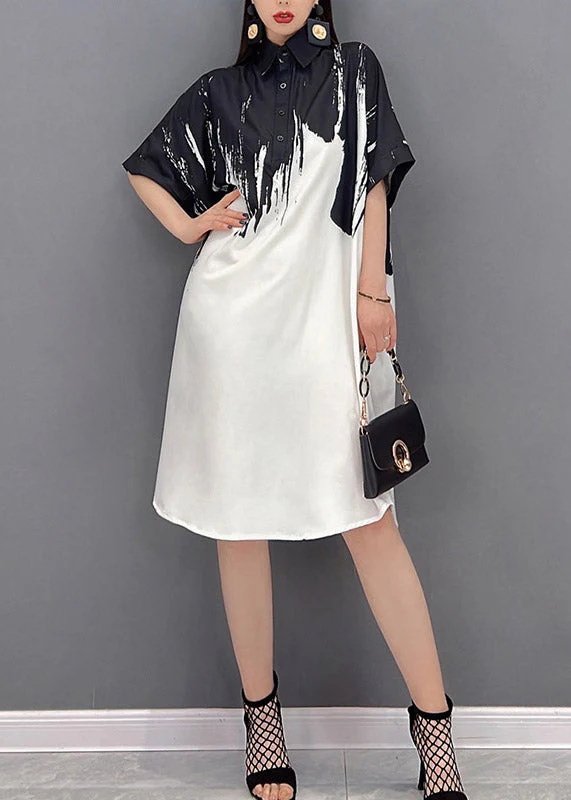 2025 Black Peter Pan Collar Print Button Silk Dress Short Sleeve
