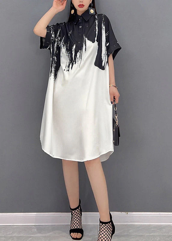 2025 Black Peter Pan Collar Print Button Silk Dress Short Sleeve - Image 2