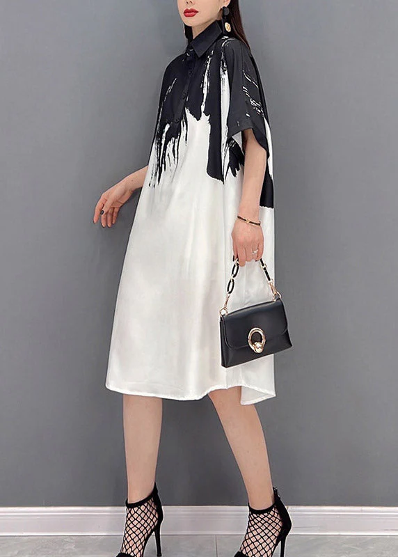 2025 Black Peter Pan Collar Print Button Silk Dress Short Sleeve - Image 3