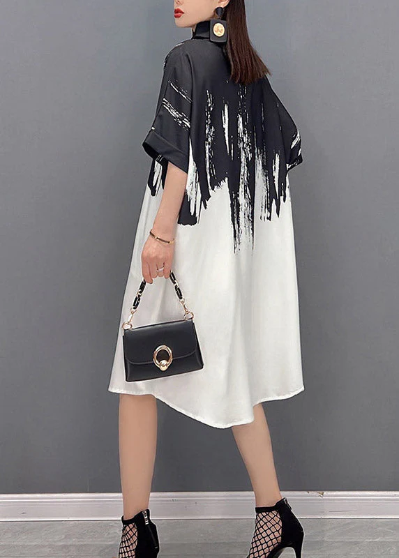 2025 Black Peter Pan Collar Print Button Silk Dress Short Sleeve - Image 4