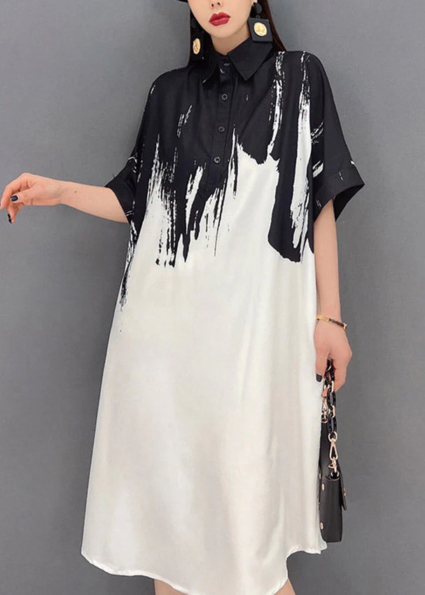 2025 Black Peter Pan Collar Print Button Silk Dress Short Sleeve - Image 5