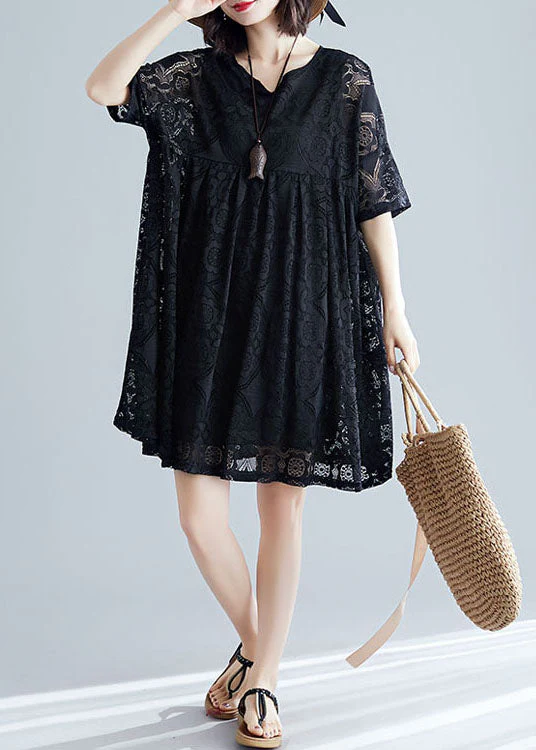 2025 Black V Neck Wrinkled Exra Large Hem Lace A Line Dress Short Sleeve - Image 3