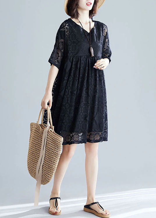 2025 Black V Neck Wrinkled Exra Large Hem Lace A Line Dress Short Sleeve - Image 4