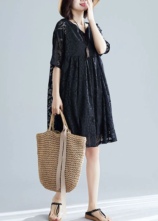 2025 Black V Neck Wrinkled Exra Large Hem Lace A Line Dress Short Sleeve - Image 5