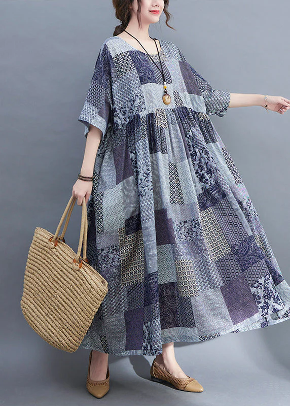 2025 Blue Plaid O-Neck Wrinkled Exra Large Hem Dress Half Sleeve - Image 3