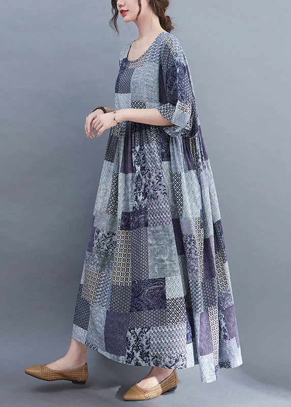 2025 Blue Plaid O-Neck Wrinkled Exra Large Hem Dress Half Sleeve - Image 4