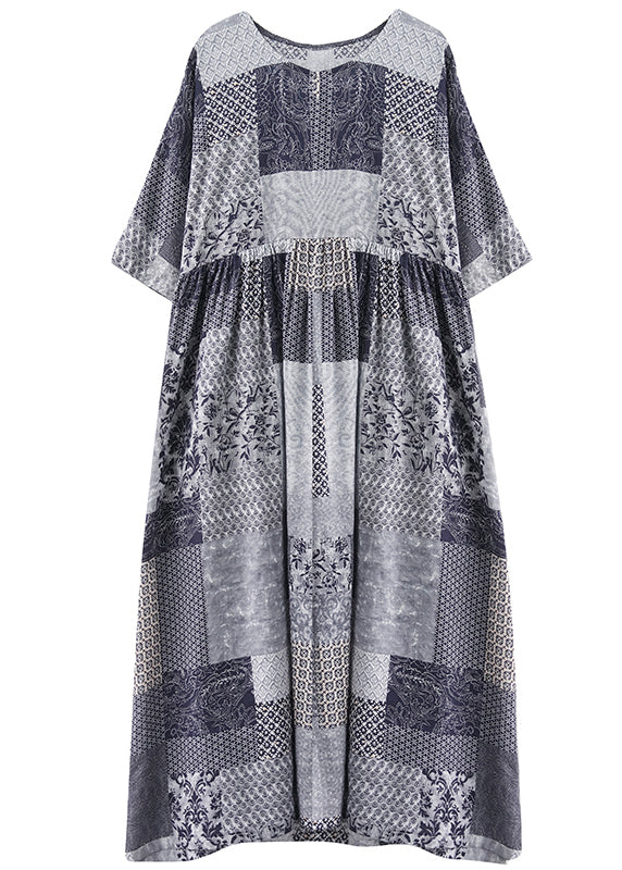 2025 Blue Plaid O-Neck Wrinkled Exra Large Hem Dress Half Sleeve - Image 5