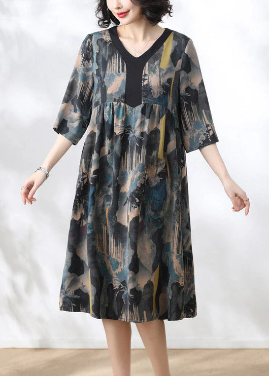 2025 Blue V Neck Print Wrinkled Dress Half Sleeve - Image 2