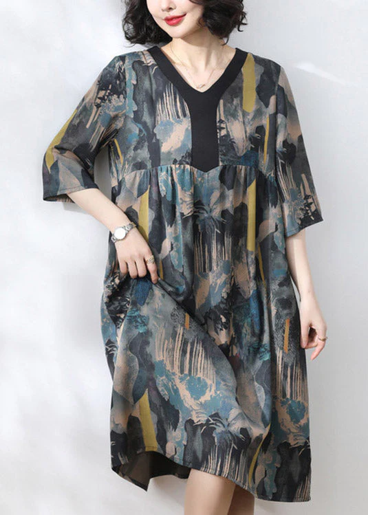 2025 Blue V Neck Print Wrinkled Dress Half Sleeve - Image 3