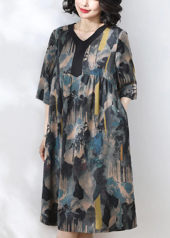 2025 Blue V Neck Print Wrinkled Dress Half Sleeve - Image 4
