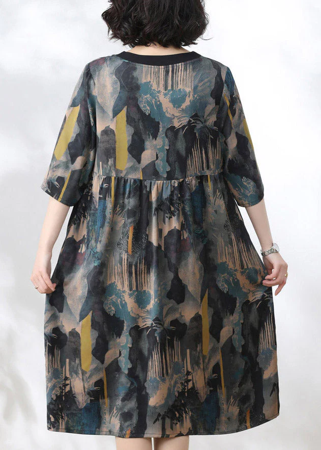2025 Blue V Neck Print Wrinkled Dress Half Sleeve - Image 5