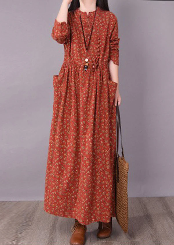 2025 Brick Red Cinched Print Linen Long Dress Long Sleeve - Image 2