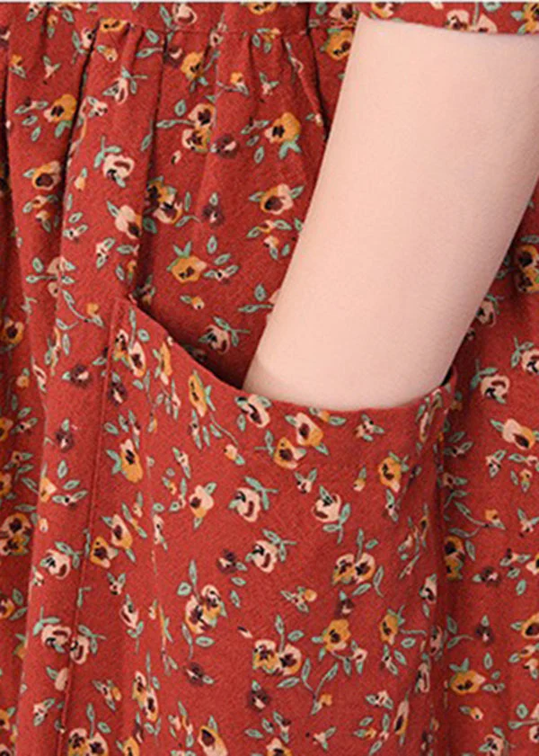 2025 Brick Red Cinched Print Linen Long Dress Long Sleeve - Image 4