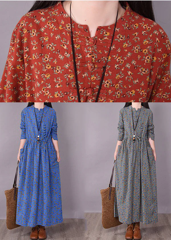 2025 Brick Red Cinched Print Linen Long Dress Long Sleeve - Image 5