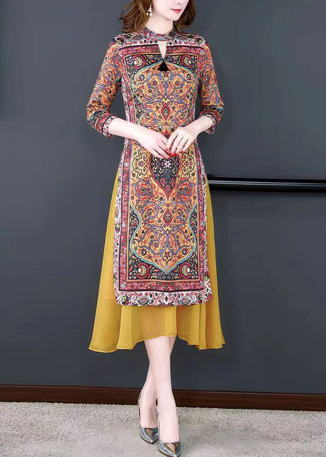 2025 Fitted Yellow Stand Collar Patchwork Print Chiffon Fake Two Piece Dress Summer - Image 2