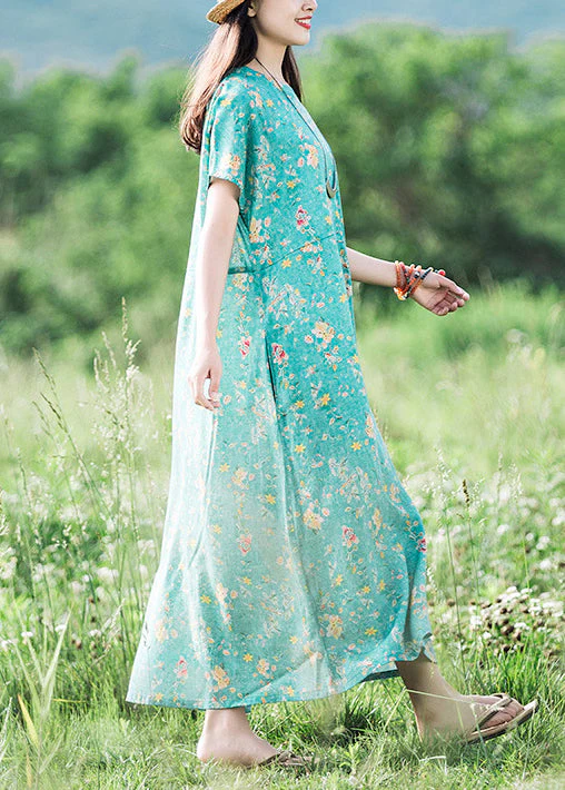 2025 Green O-Neck Print Linen Dress Short Sleeve - Image 2