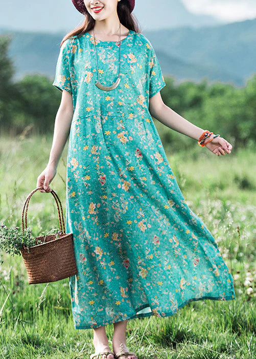 2025 Green O-Neck Print Linen Dress Short Sleeve - Image 5