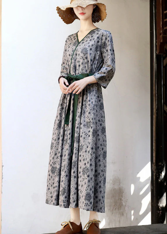 2025 Green Tie Waist Print Linen Long Dress Three Quarter sleeve - Image 2