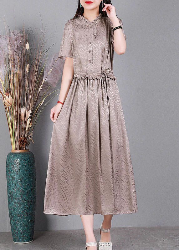 2025 Lotus Root Pink V Neck Button Drawstring Silk Dresses Short Sleeve - Image 2