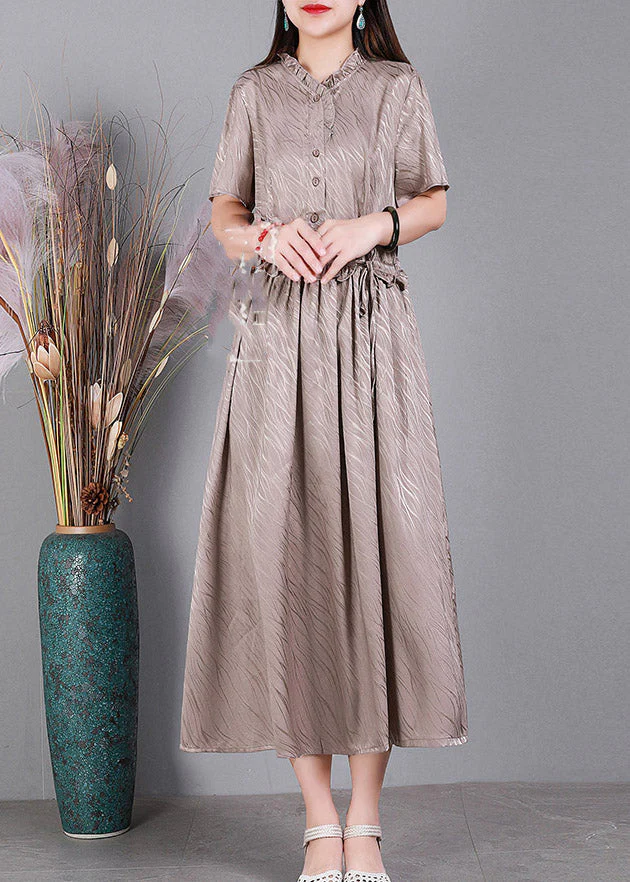 2025 Lotus Root Pink V Neck Button Drawstring Silk Dresses Short Sleeve - Image 3