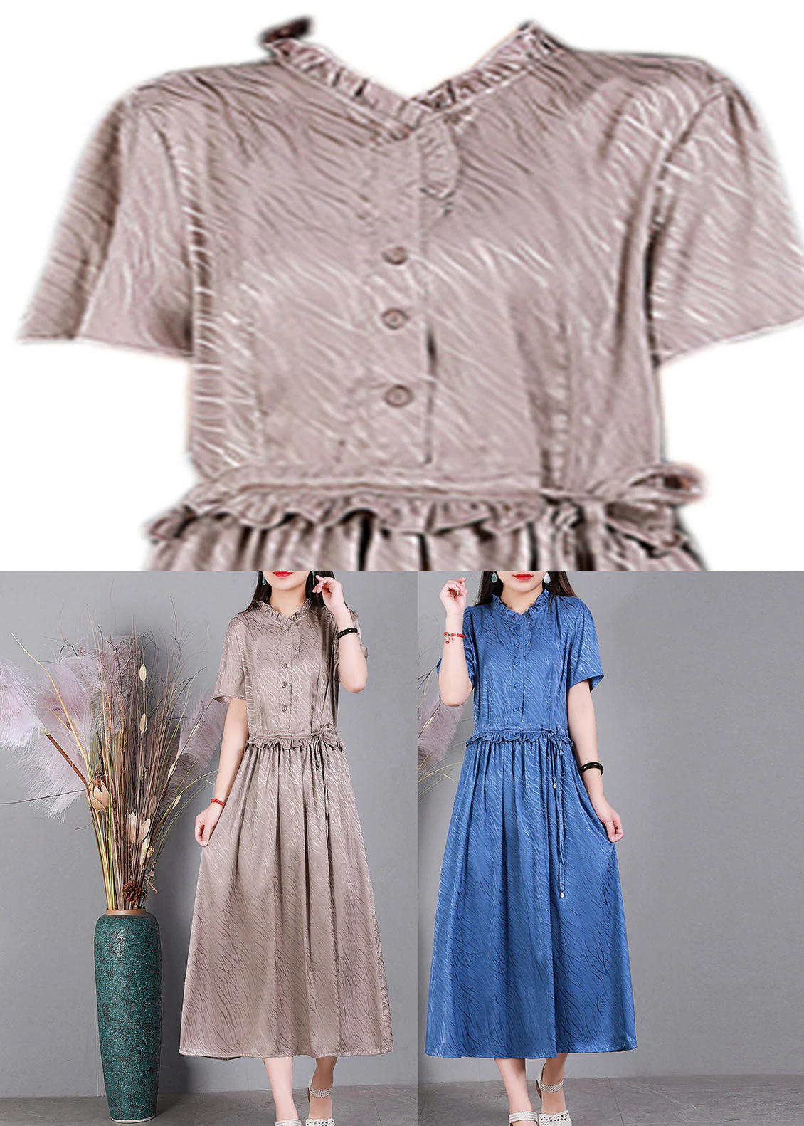 2025 Lotus Root Pink V Neck Button Drawstring Silk Dresses Short Sleeve - Image 4